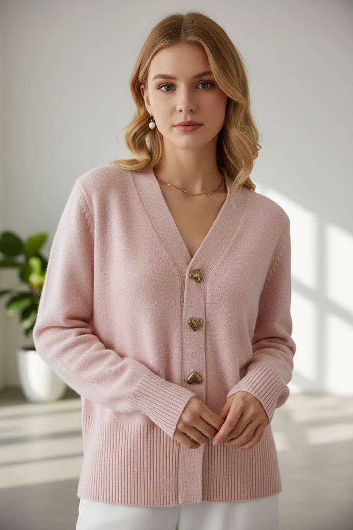 Woman wearing a pink cardigan in a bright room with a plant in the background