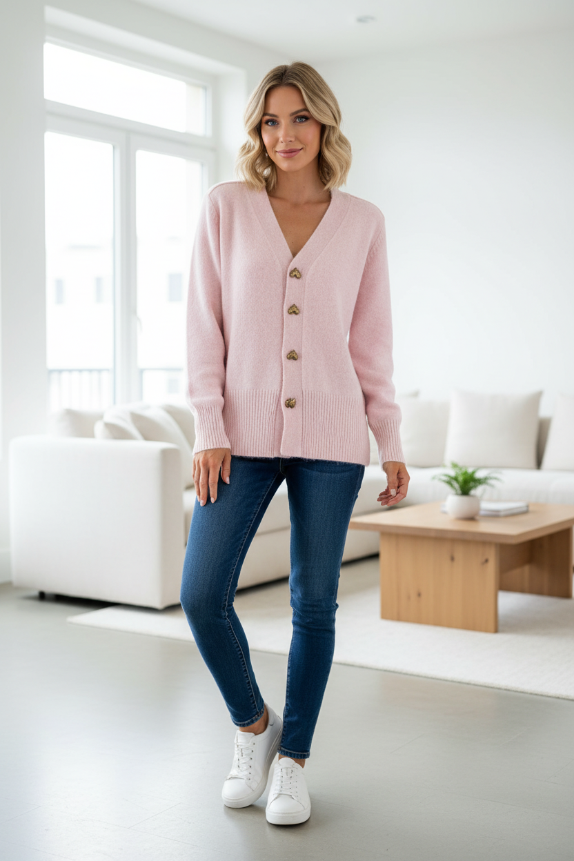 Woman wearing a pink cardigan, blue jeans, and white sneakers in a modern living room.