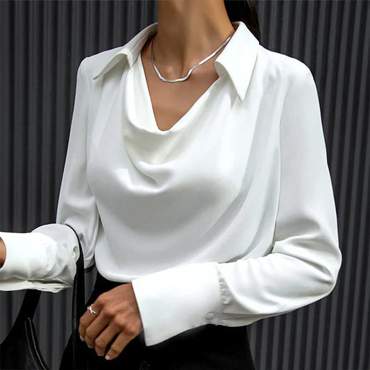 Elegant Satin Blouse for Women - Long Sleeve Draped Neck Work & Evening Wear