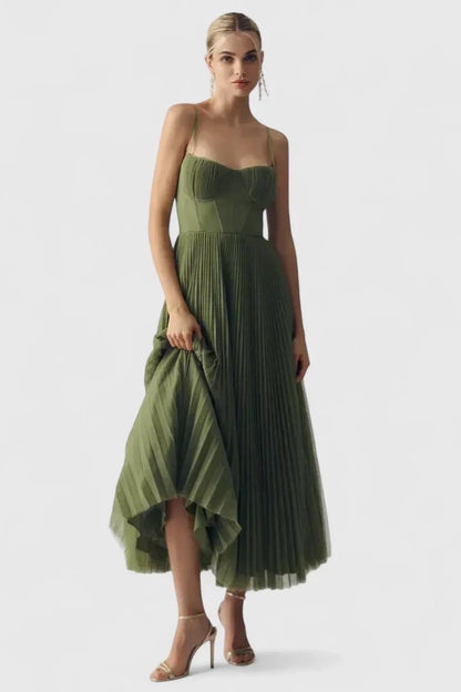 Orlianne | Women’s Pleated Midi Wedding Guest Dress – Spaghetti Strap Occasion Gown