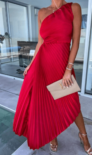 Women’s One Shoulder Pleated Maxi Dress