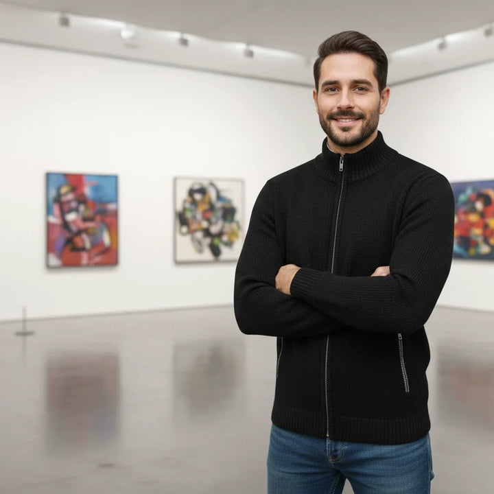 Plaid-Lined Zip-Up Men’s Cardigan