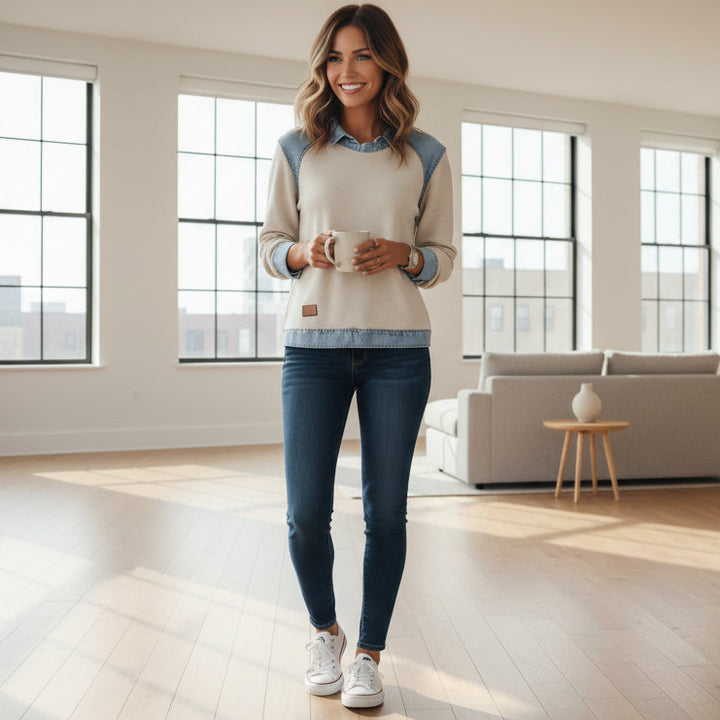 Denim Collar Layered Sweatshirt For Women