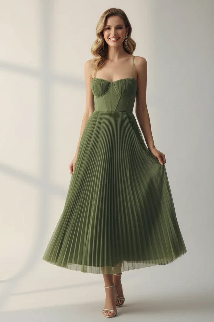 Orlianne | Women’s Pleated Midi Wedding Guest Dress – Spaghetti Strap Occasion Gown