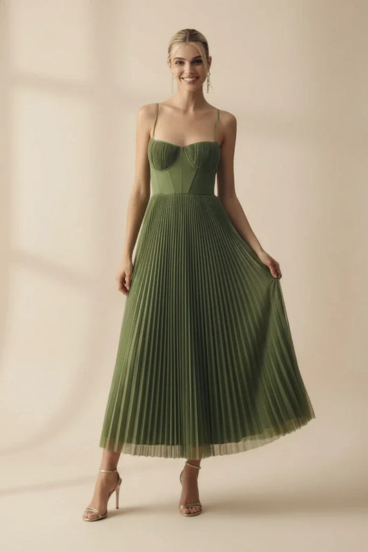 Orlianne | Women’s Pleated Midi Wedding Guest Dress – Spaghetti Strap Occasion Gown