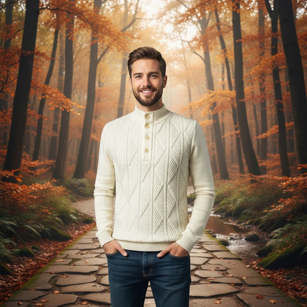 Button-Neck Knit Sweater