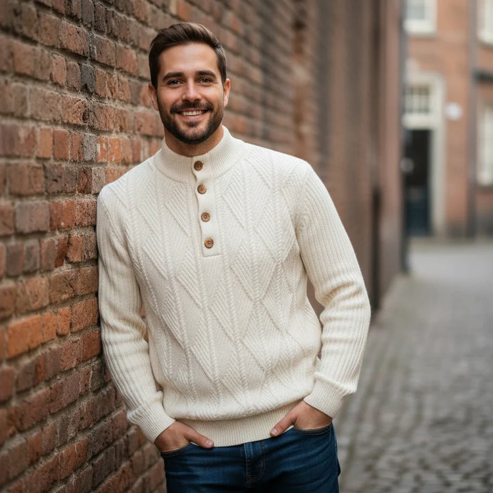 Button-Neck Knit Sweater