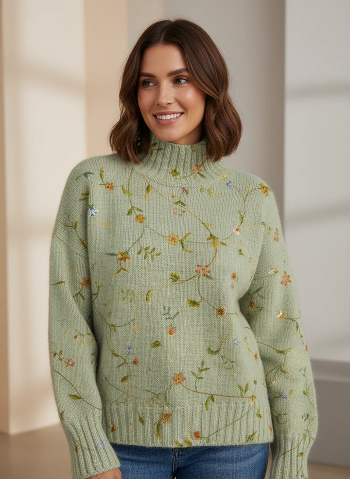 Elowyn | Floral High-Neck Knit Sweater