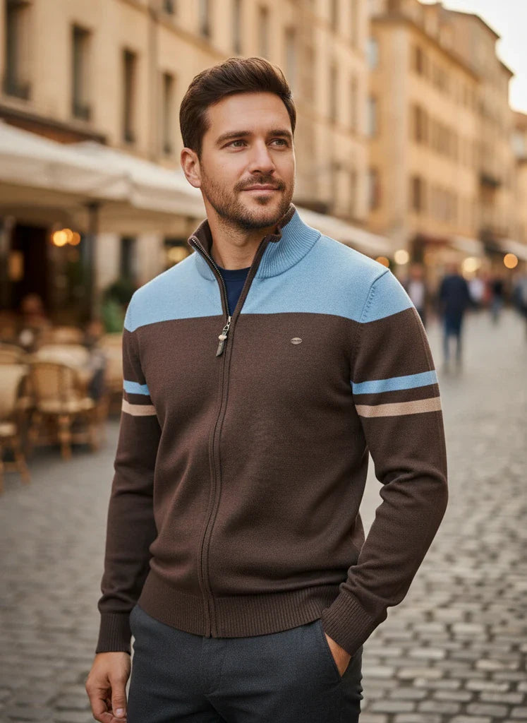 Colorblock Zip-Up Knit Sweater