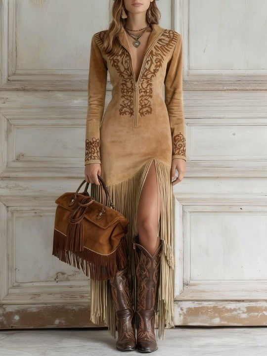 Layla | Women Suede Fringe Summer Maxi Dress