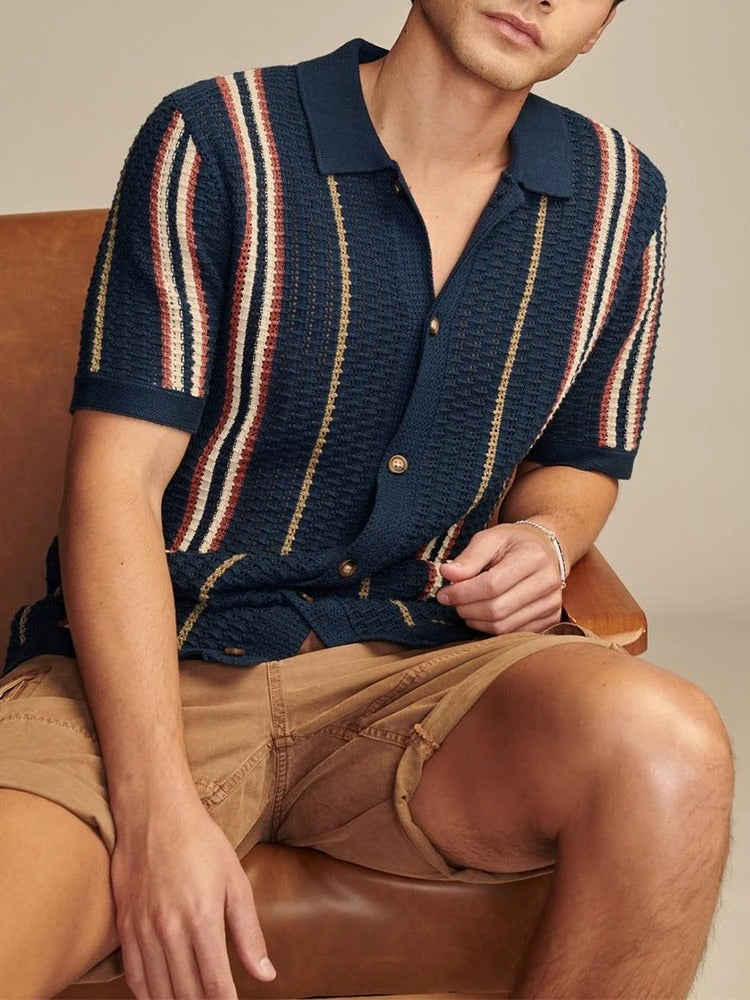 Cassian | Men’s Open-Knit Vertical Stripe Revere Collar Shirt