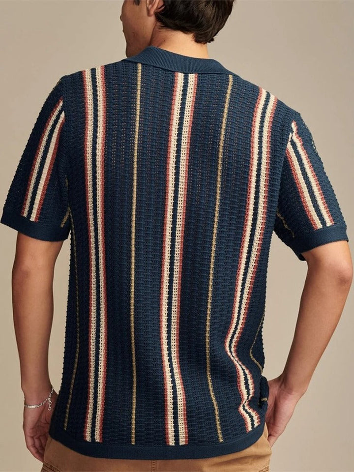 Cassian | Men’s Open-Knit Vertical Stripe Revere Collar Shirt