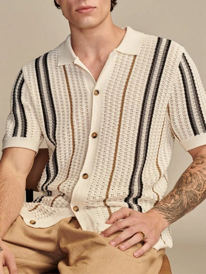 Cassian | Men’s Open-Knit Vertical Stripe Revere Collar Shirt