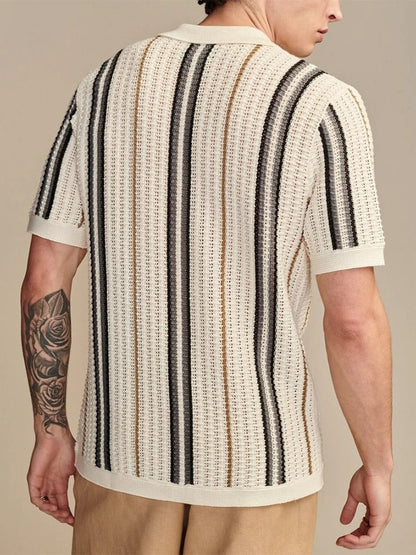 Cassian | Men’s Open-Knit Vertical Stripe Revere Collar Shirt