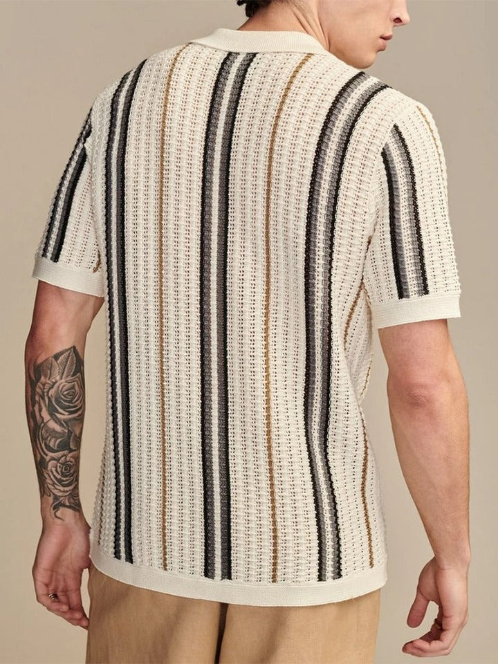 Cassian | Men’s Open-Knit Vertical Stripe Revere Collar Shirt
