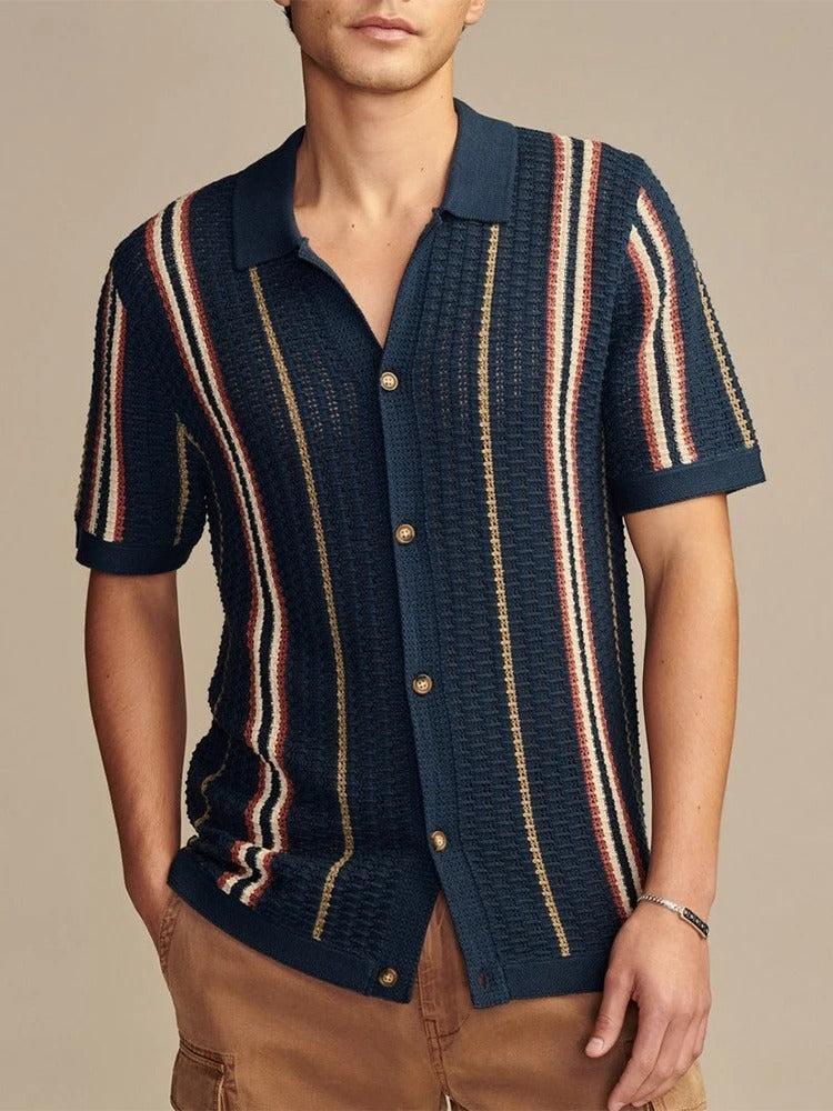 Cassian | Men’s Open-Knit Vertical Stripe Revere Collar Shirt