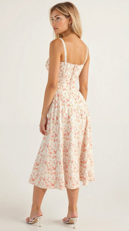 Women's Floral Chic Corset Midi Dress