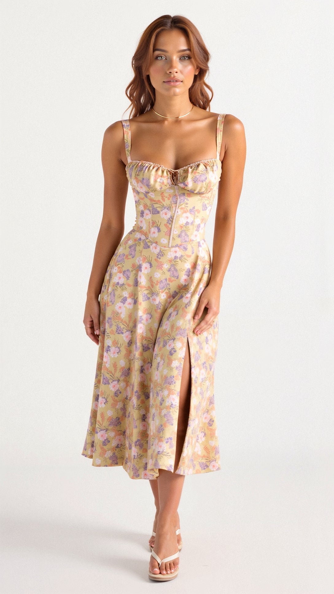 Women's Floral Chic Corset Midi Dress